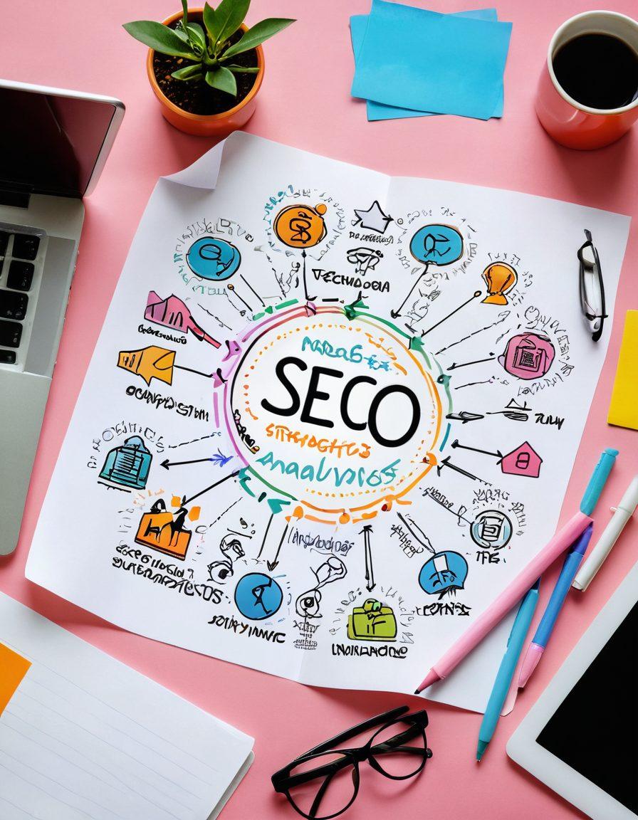 An intricate mind map illustrating the secrets of SEO strategies, with vibrant arrows leading to icons representing creativity, analytics, and engagement. A laptop displaying analytics graphs on one side and a notepad filled with innovative ideas on the other side. The background should be a blend of soft pastel colors to create an inviting atmosphere. super-realistic. vibrant colors. minimalistic design.