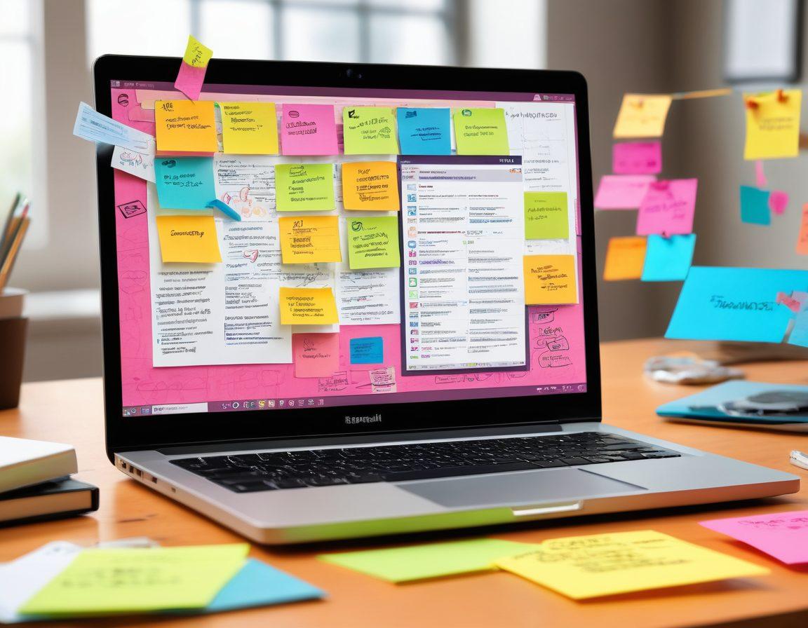 A dynamic workspace featuring a laptop displaying a content management interface, surrounded by colorful sticky notes and brainstorming sketches. In the background, a vibrant flowchart depicting the journey from drafting to publishing, with energetic arrows and icons representing optimization. The overall atmosphere conveys creativity and productivity, inviting the reader into the content creation process. super-realistic. vibrant colors. 3D.