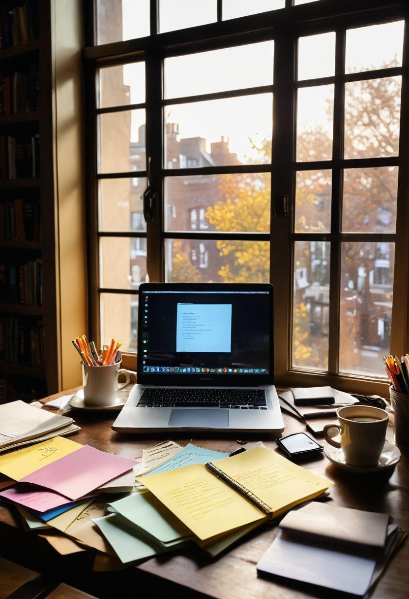 An open laptop on a wooden desk surrounded by a notepad filled with handwritten notes, colorful sticky notes, a steaming coffee cup, and a large window letting in golden sunlight. In the background, a bookshelf filled with books about writing and content creation is visible, reflecting a creative workspace. super-realistic. vibrant colors. warm tones.